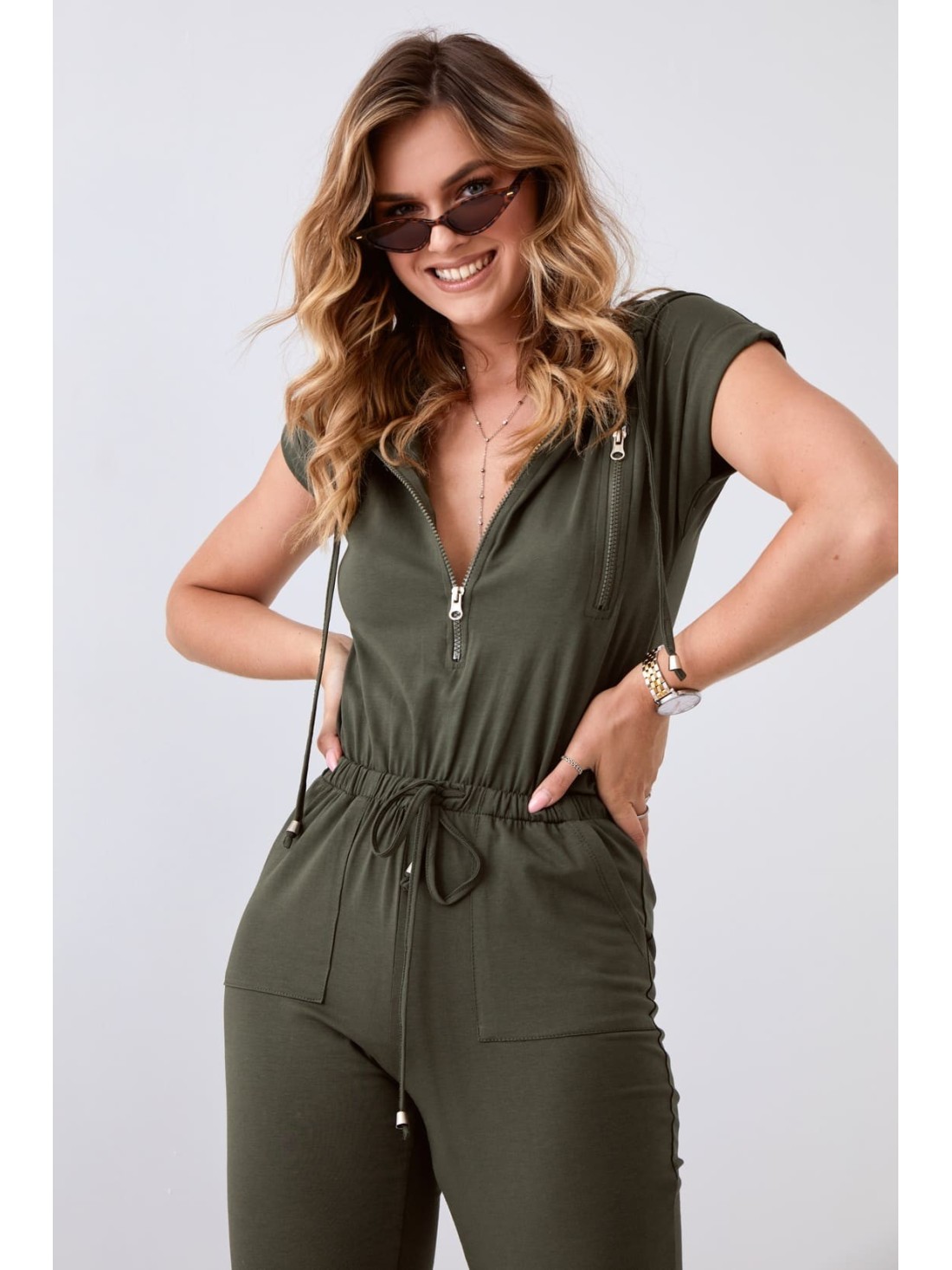 Khakifarbener Damen-Overall mit Kapuze FK622 – Online-Shop – Boutique